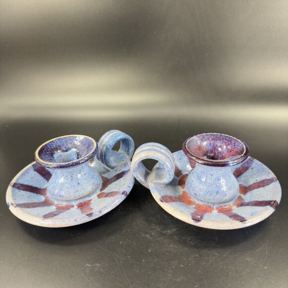 Hand Made Studio Art Pottery Candle Stick Holder Set 2 Multicolor Drop Glaze VTG - Picture 11 of 15